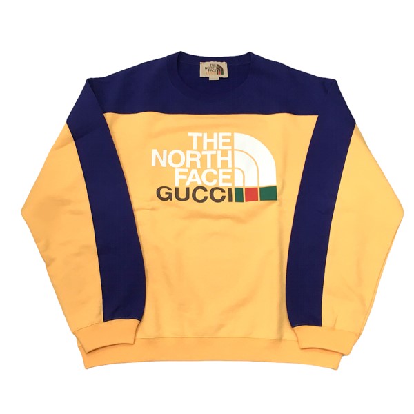 【中古】GUCCI × THE NORTH FACE　2021AW ロゴ プリント クルーネック スウェット イエロー×パープル サイズ：L 【190422】（ザ ノース フェイス グッチ）