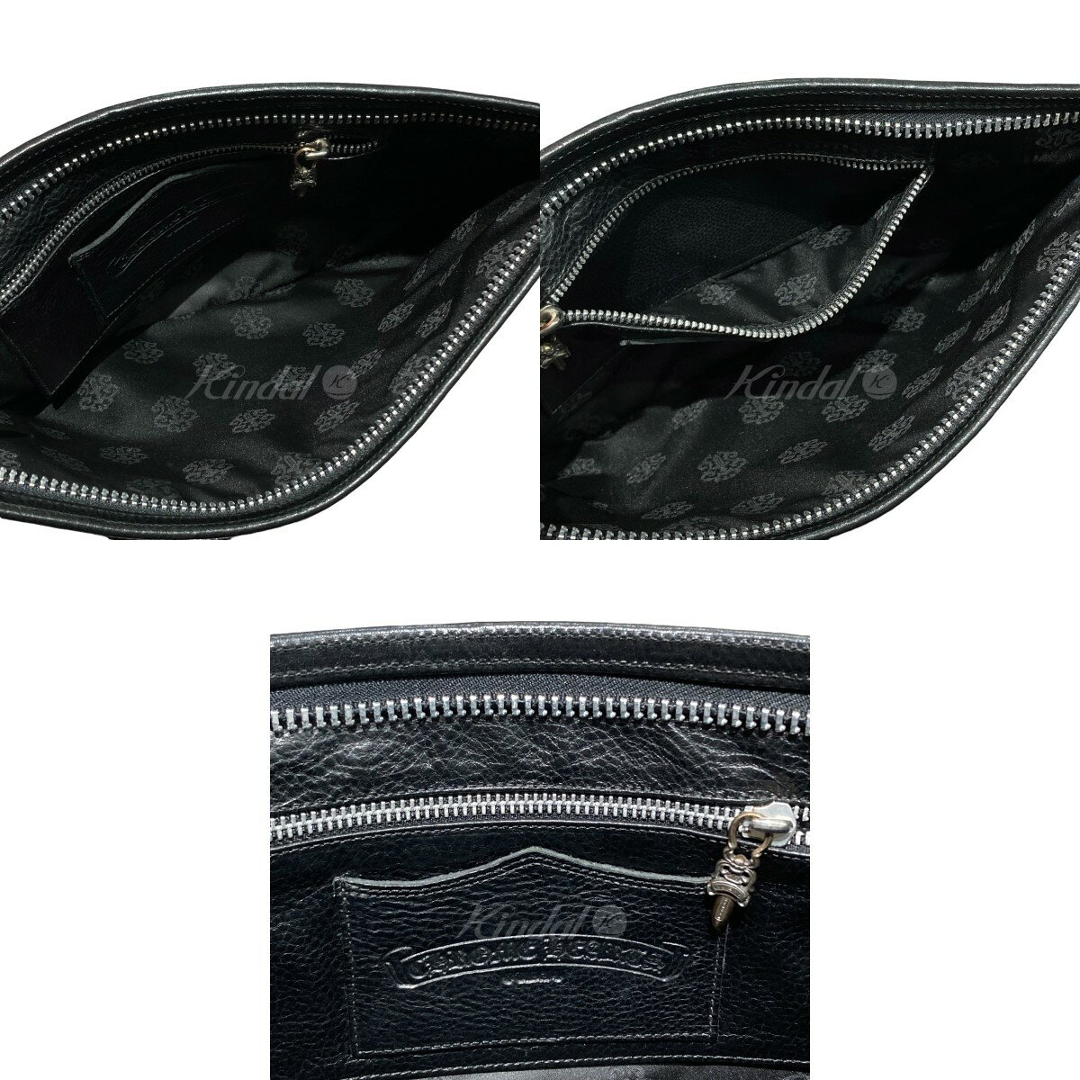 【中古】CHROME HEARTS　FLAT MED PLANE ストラップ付きレザークラッチバッグ ブラック 【120622】（クロムハーツ）