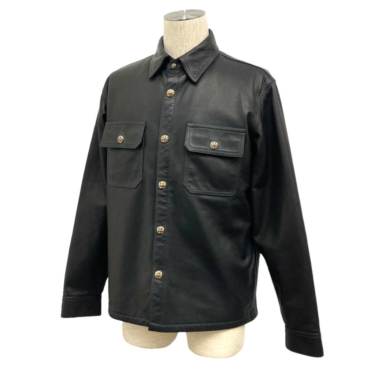 【中古】CHROME HEARTSクロスボタン中綿カウレザーシャツジャケット ブラック サイズ：S【価格見直し】