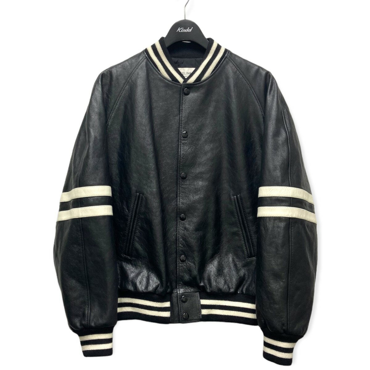 【中古】CELINE「OVERSIZED CALFSKIN VARSITY-STYLE JACKET」 スタジャン ブラック サイズ：46【価格見直し】