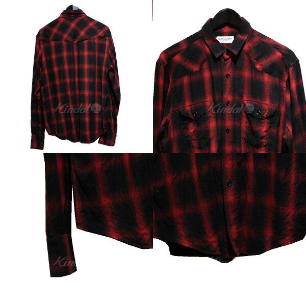 【中古】SAINT LAURENT PARIS　17SS オンブレ チェック ウェスタン シャツ SHIRT レッド サイズ：15 1／2 【060822】（サンローランパリ）