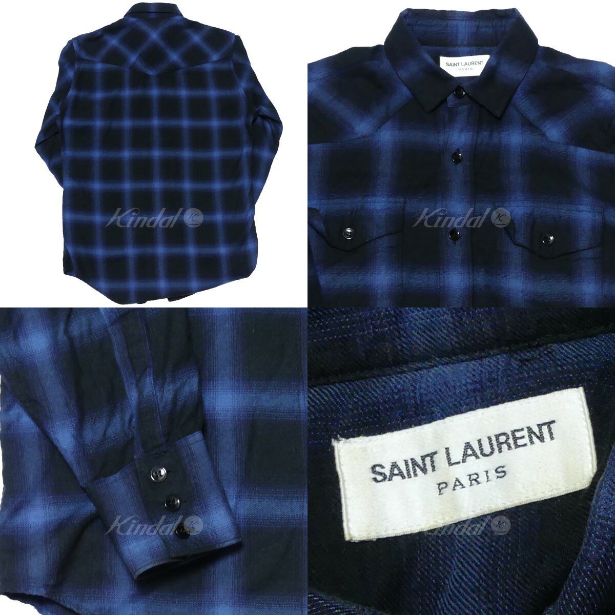 【中古】SAINT LAURENT PARIS　17SS オンブレ チェック ウェスタン シャツ SHIRT ネイビー×ブラック サイズ：36／14 【240822】（サンローランパリ）