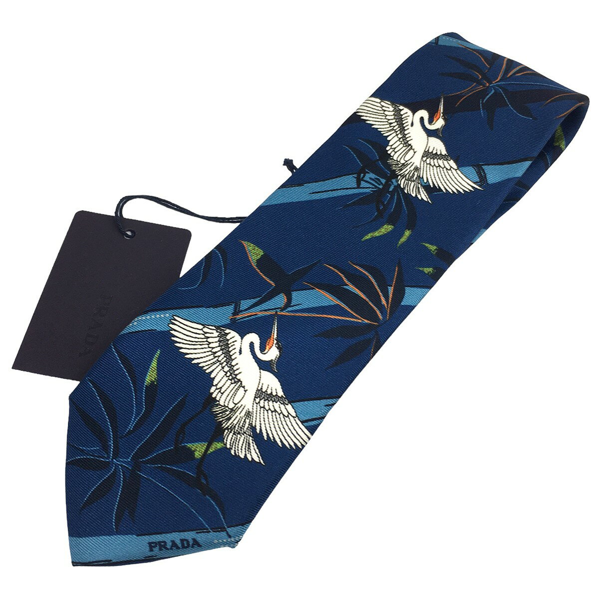 【中古】PRADAロゴ ツル 鶴 シルク ネクタイ ブルー サイズ：R15【価格見直し】
