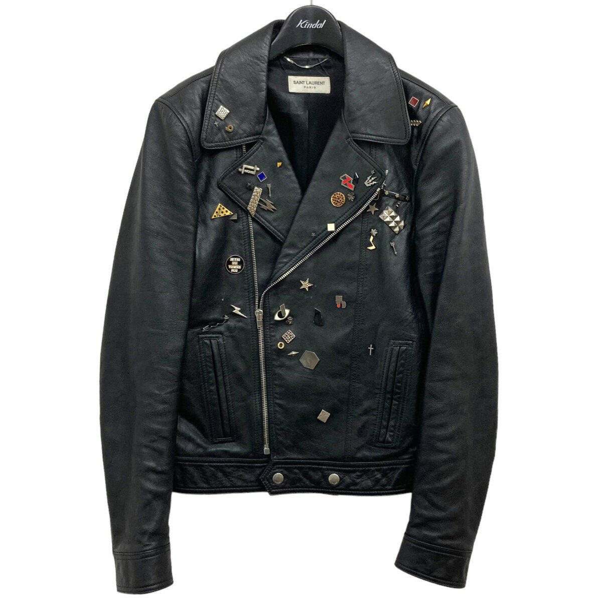 【中古】SAINT LAURENT PARISバッジ付レザーライダースジャケット ブラック サイズ：表記無し【価格見直し】