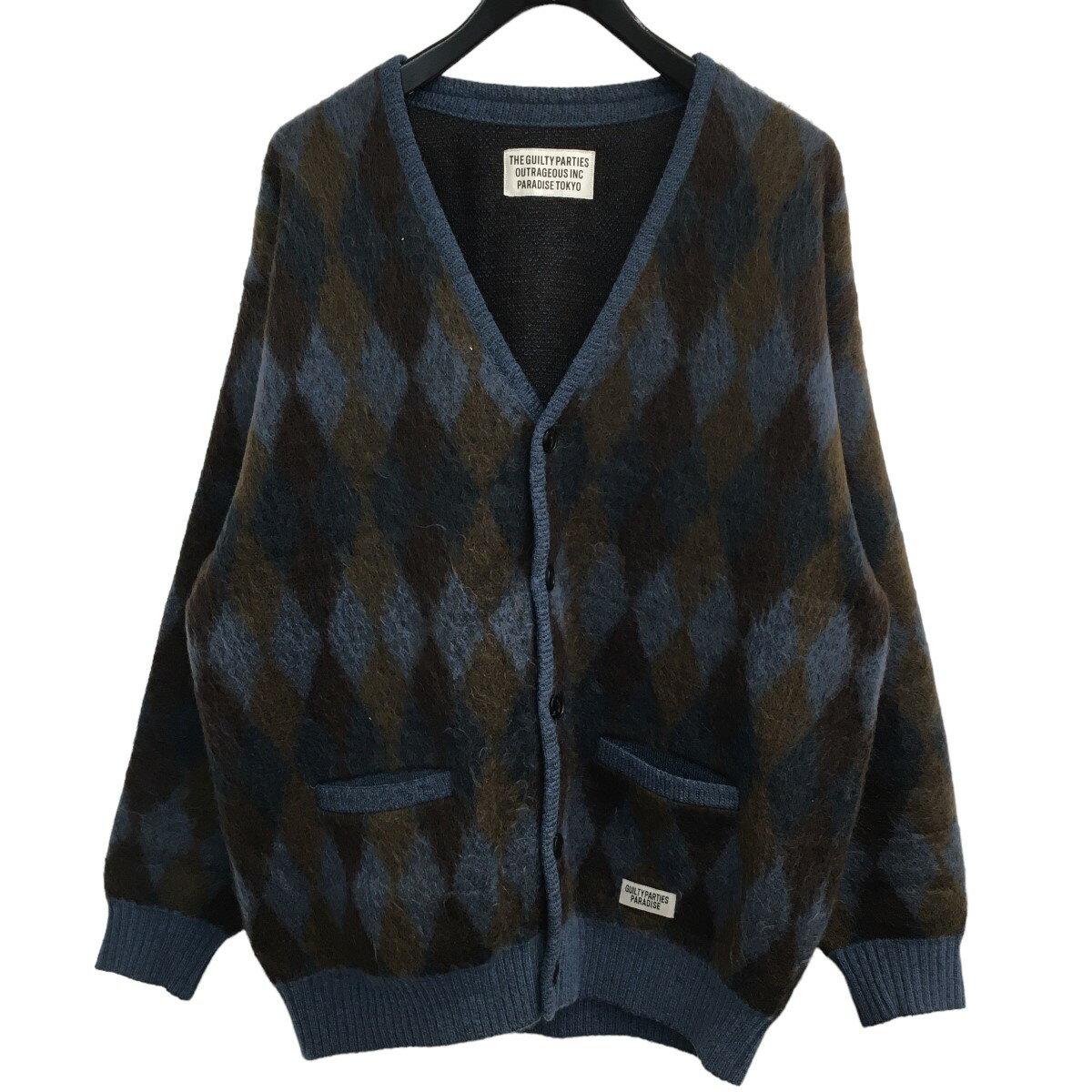 【中古】WACKO MARIA2021AW｢DIAMOND MOHAIR CARDIGAN｣アーガイルモヘアカーディガン ブルー×ブラウン サイズ：L【価格見直し】