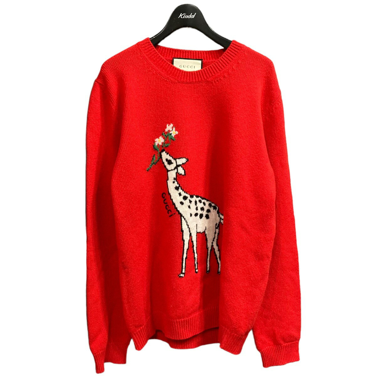 【中古】GUCCI｢Deerlet Wool Sweater｣ キリンデザインニット レッド サイズ：L【価格見直し】