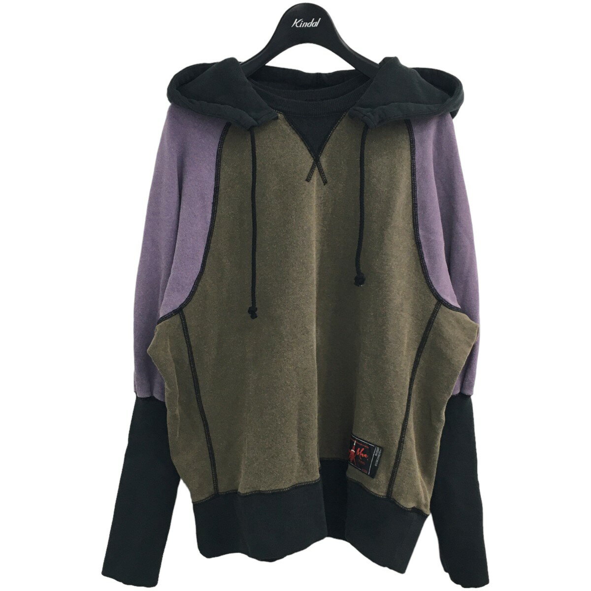 【中古】SYUMAN．2023AW ｢FREEDOM SLEEVE SWEAT-HOODIE｣後付けフードパーカー カーキ×パープル サイズ：1【価格見直し】