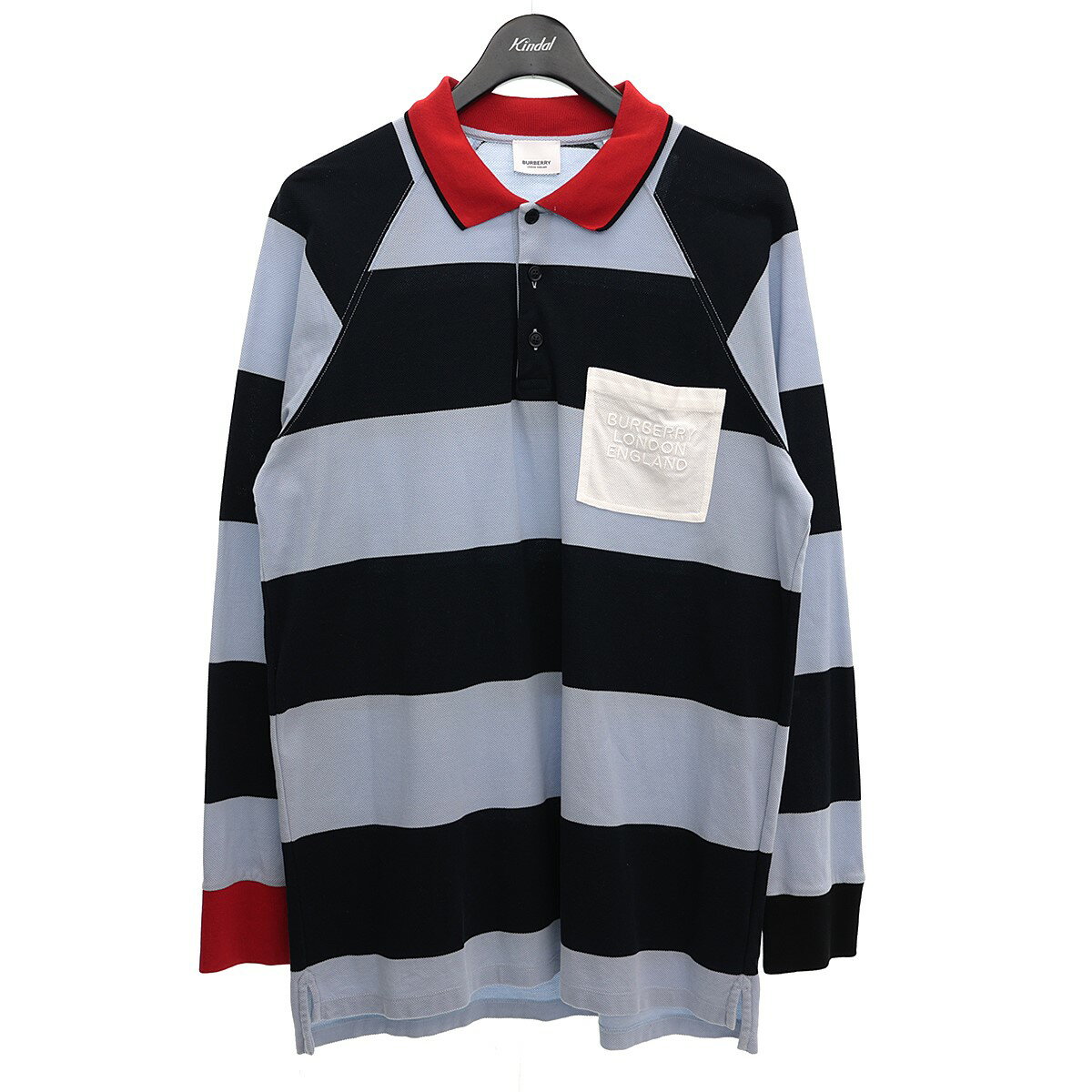 【中古】BURBERRYボーダー柄ロングスリーブポロシャツ ネイビー／ライトブルー／レッド サイズ：S【価格見直し】