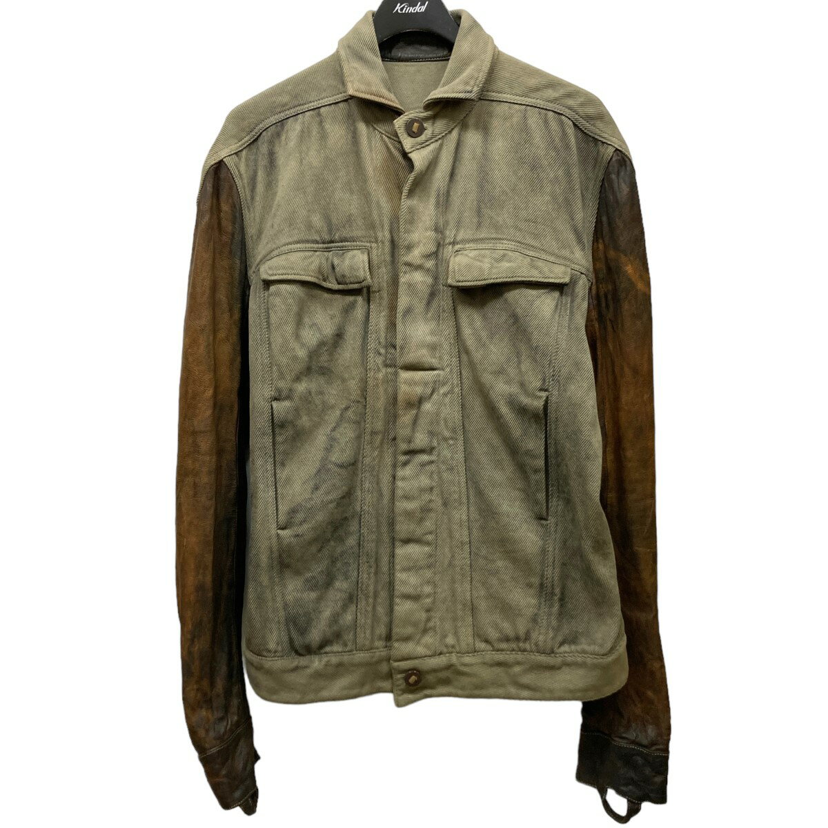 【中古】BORIS BIDJAN SABERI「Tejana Jacket」汚れ加工レザー切替ブルゾン カーキ サイズ：M【価格見直し】