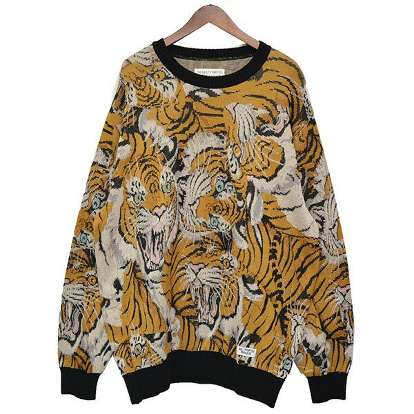【中古】WACKO MARIAタイガープリントコットンニット　セーター ブラック×イエロー×ホワイト サイズ：XL【価格見直し】