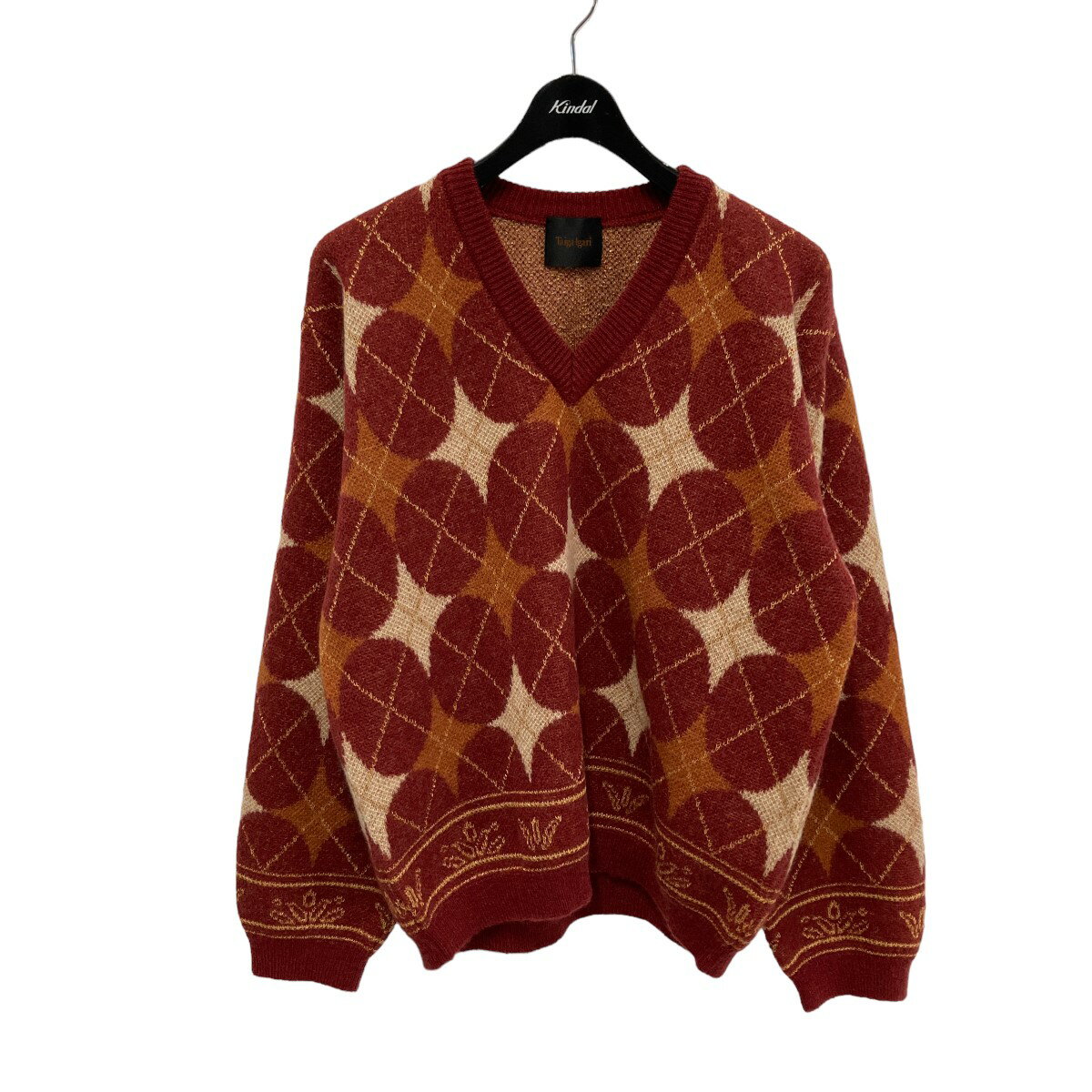 【中古】Taiga Igari22AW Diamond V-neck Sweater オレンジ×ブラウン サイズ：L【価格見直し】