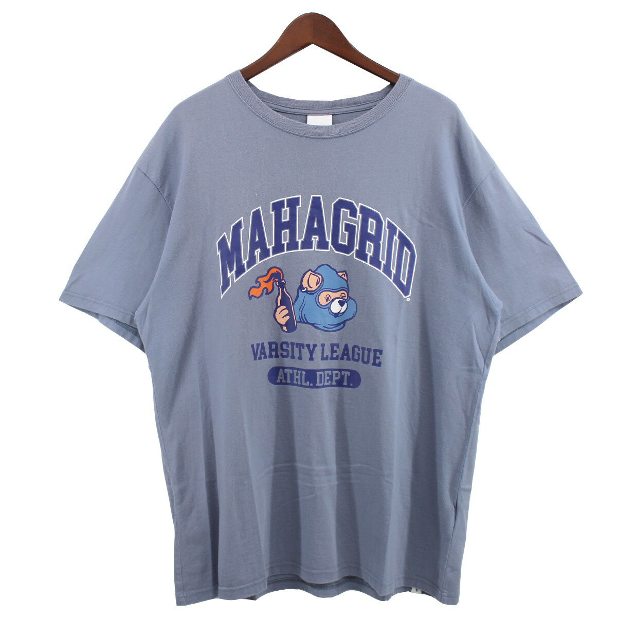 【中古】MAHAGRIDロゴ カレッジ Tシャツ グレーブルー調 サイズ：L【価格見直し】