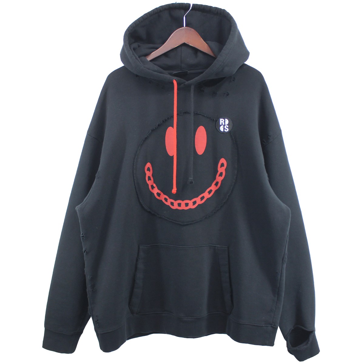 【中古】RAF SIMONS 22SS Smiley Popover Hoody RS DESTROY WASHED パーカー ブラック サイズ：M 【170224】（ラフシモンズ）