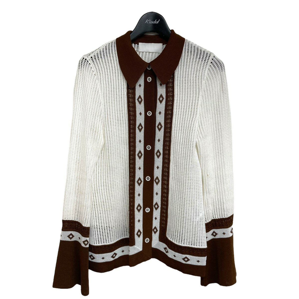 【中古】mame kurogouchi　「Knitted Shirt with Diamond Pattern」 メッシュニットシャツ ホワイト×ブラウン サイズ：1 【050324】（マメ クロゴウチ）