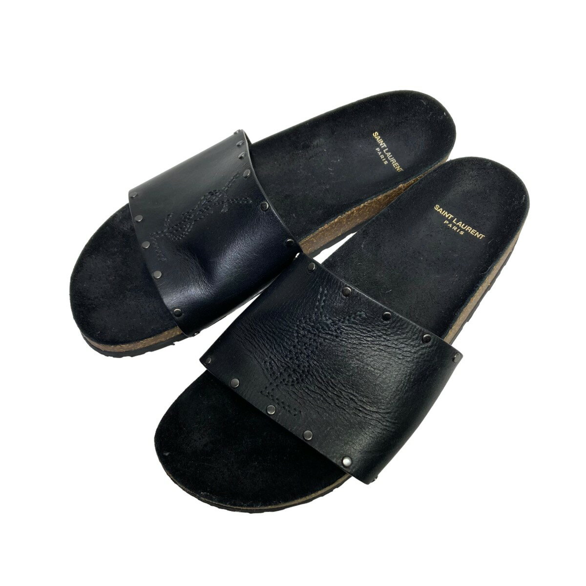 【中古】SAINT LAURENT PARISレザーロゴサンダル 555492 ブラック サイズ：42【価格見直し】