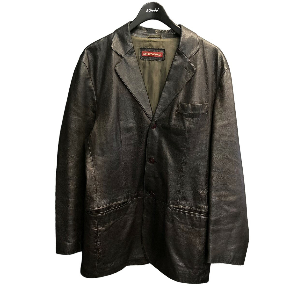 【中古】EMPORIO ARMANIラムレザーテーラードジャケット ブラック サイズ：48【価格見直し】