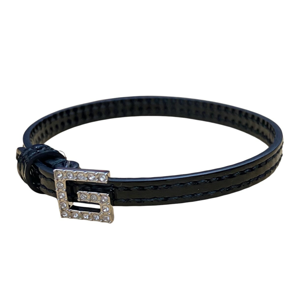 【中古】GUCCI クリスタルGバックルレザーブレスレット ブラック サイズ：M 【290424】（グッチ）