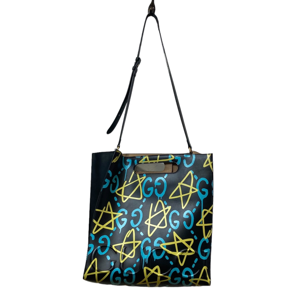 【中古】GUCCIグッチゴースト2WAYハンドバッグ ブラック×イエロー×ライトブルー サイズ:27cm【価格見直し】
