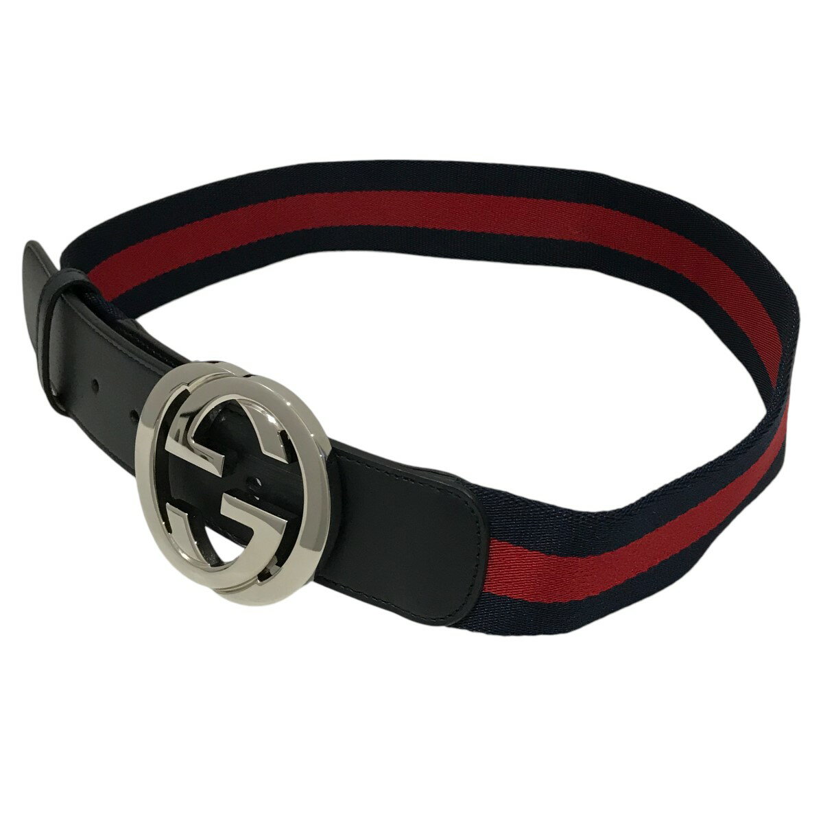 【中古】GUCCIロゴベルト 411924 ネイビー×レッド×シルバー サイズ:75/30【価格見直し】
