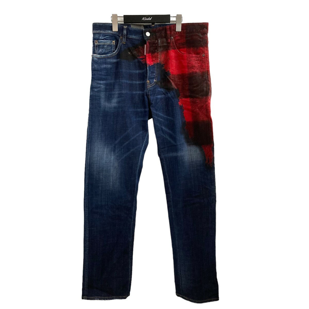 【中古】DSQUARED224AW チェックペイントデニムパンツ S74LB1589 インディゴ×レッド×ブラック サイズ：50【価格見直し】