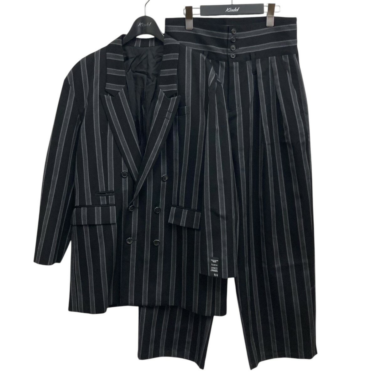 【中古】SHAREEF22SS STRIPE DOUBLE JK STRIPE WIDE BELT PANTS ウールストライプセットアップ ブラック×グレー サイズ:1/1【価格見直し】