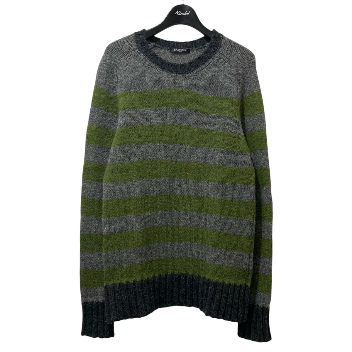 【中古】BALMAINボーダー クルーネックニット グリーン×グレー サイズ:XS【価格見直し】
