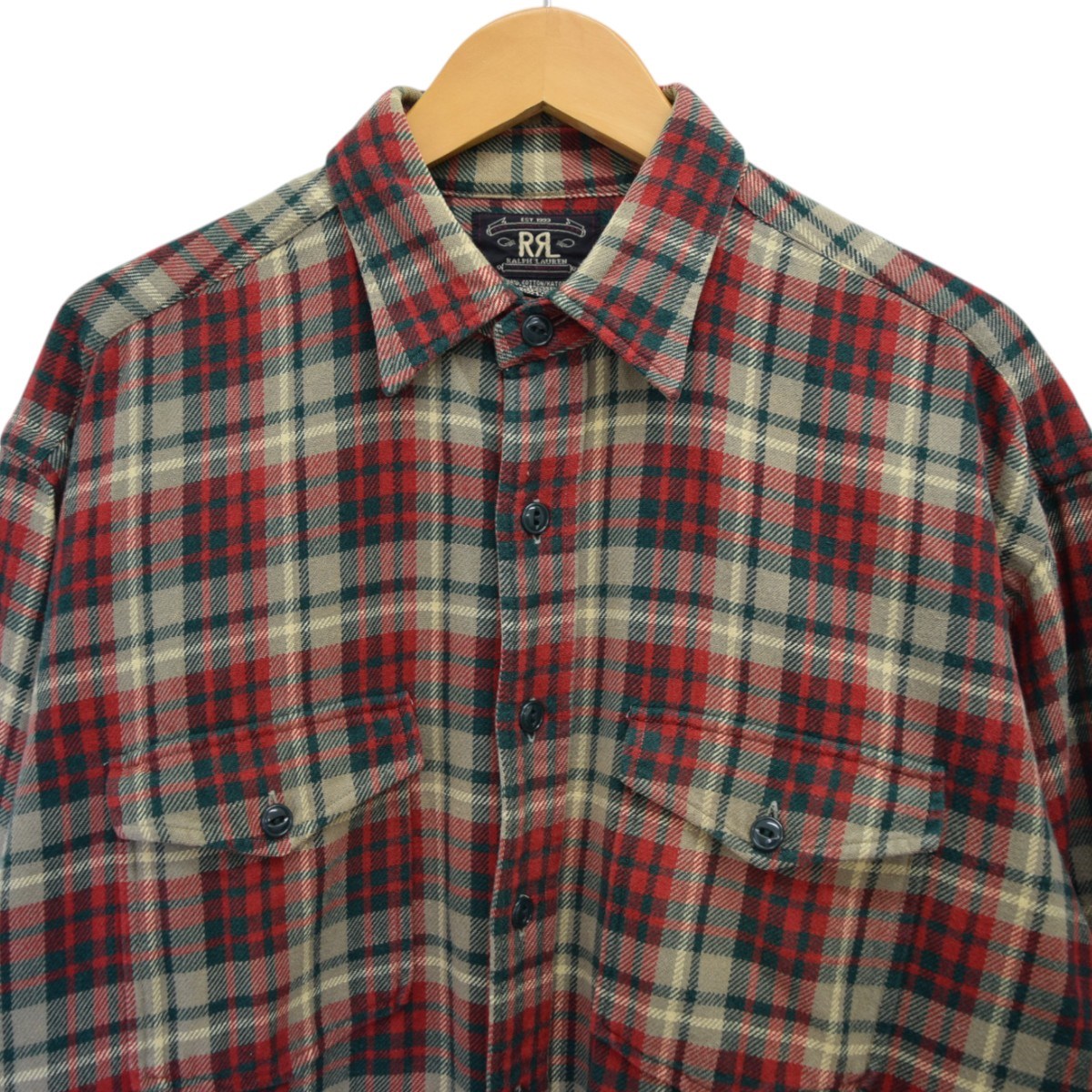【中古】RRL　ヘビーネルシャツ 三ツ星タグ 90Sヴィンテージ レッド×ベージュ サイズ：L 【091224】（ダブルアールエル）