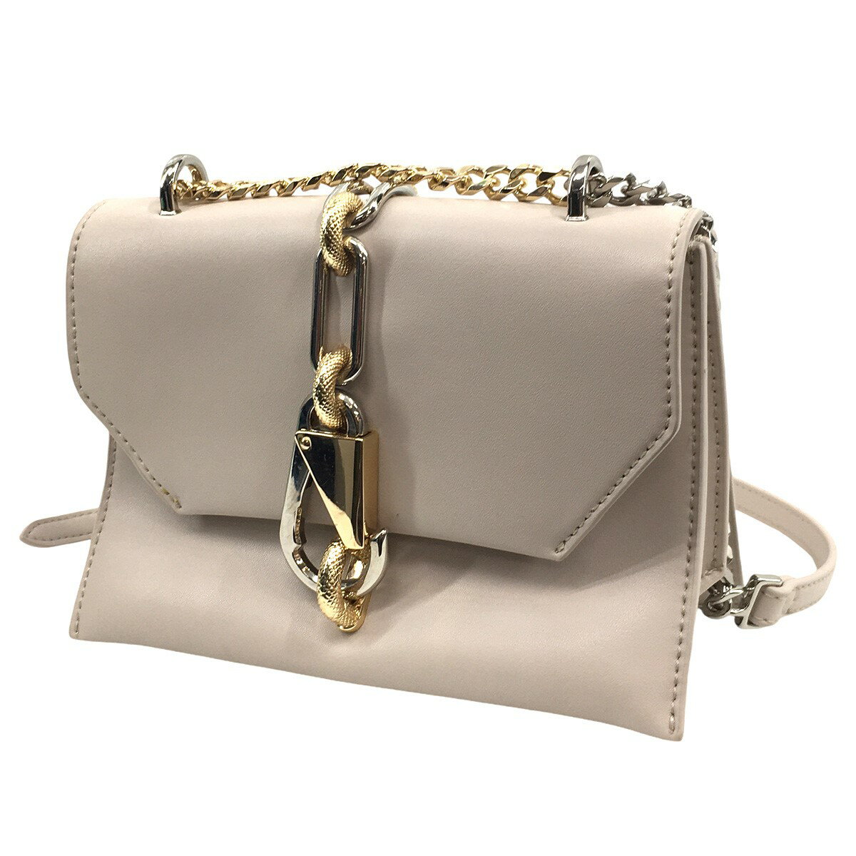 【中古】CHARLES & KEITHメタリックアクセント ターンロッククロスボディバッグ ブランド表記アイボリー【価格見直し】