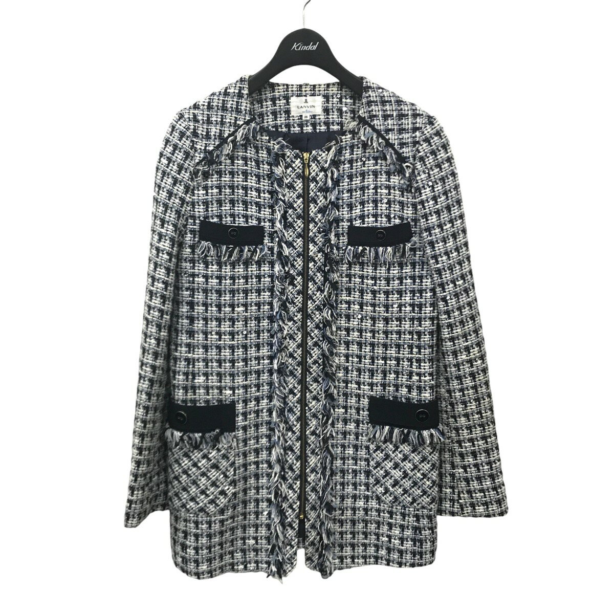 【中古】LANVIN en Bleu ツイードノーカラージャケット 3526104 ブルー×ホワイト サイズ:36 【281224】(ランバンオンブルー)