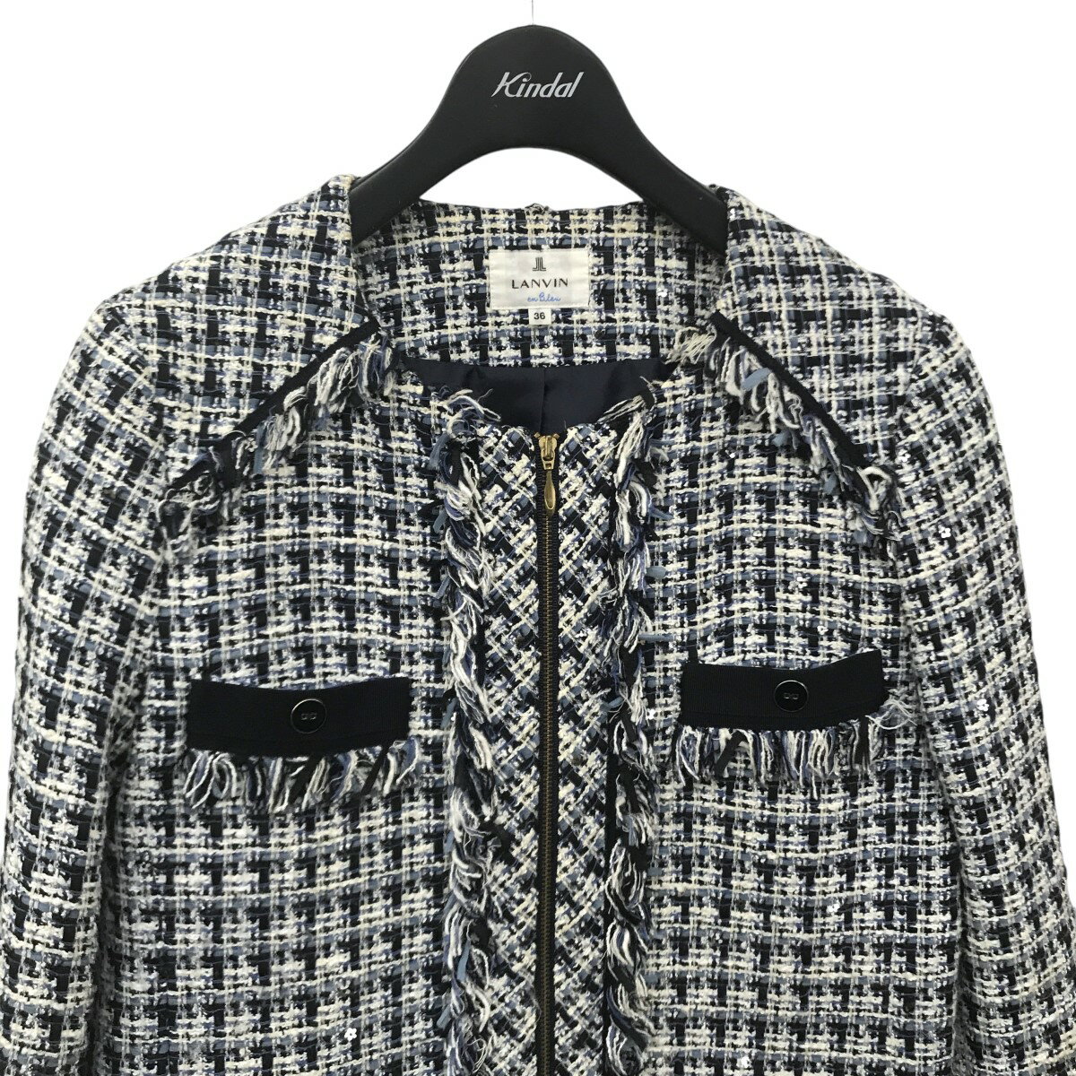【中古】LANVIN en Bleu　ツイードノーカラージャケット 3526104 ブルー×ホワイト サイズ：36 【281224】（ランバンオンブルー）