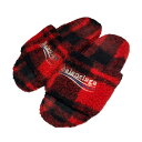 【中古】BALENCIAGAfurry slides チェックサンダル レッド サイズ:41(27cm)【価格見直し】