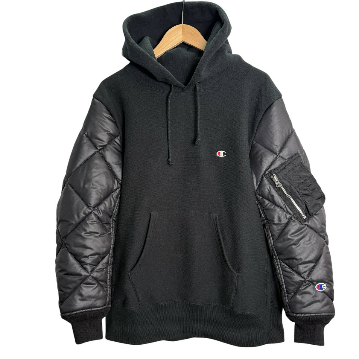 【中古】eYe JUNYAWATANABE MAN×Champion 23AW/ スウェットカスタマイズ × エステルリップストップ キルティング パーカー WL-T905 ブラック サイズ:M 【250225】(アイジュンヤワタナベマン×チャンピオン)