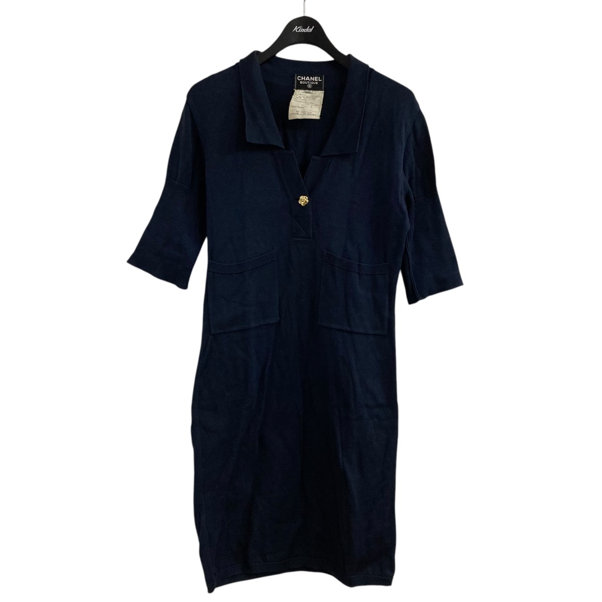 【中古】CHANELカメリアボタンニットワンピース ネイビー サイズ：36【価格見直し】