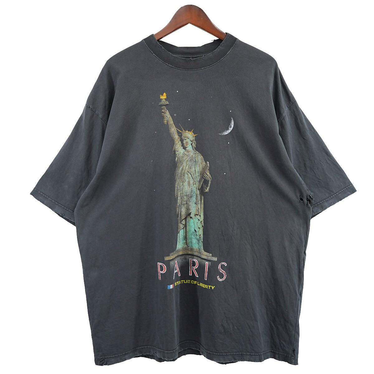【中古】BALENCIAGA 24AW 自由の女神 PARIS オーバーサイズ ダメージ ヴィンテージ加工 パリス ロゴ Tシャツ ブラックグレー調 サイズ:M 【280325】(バレンシアガ)