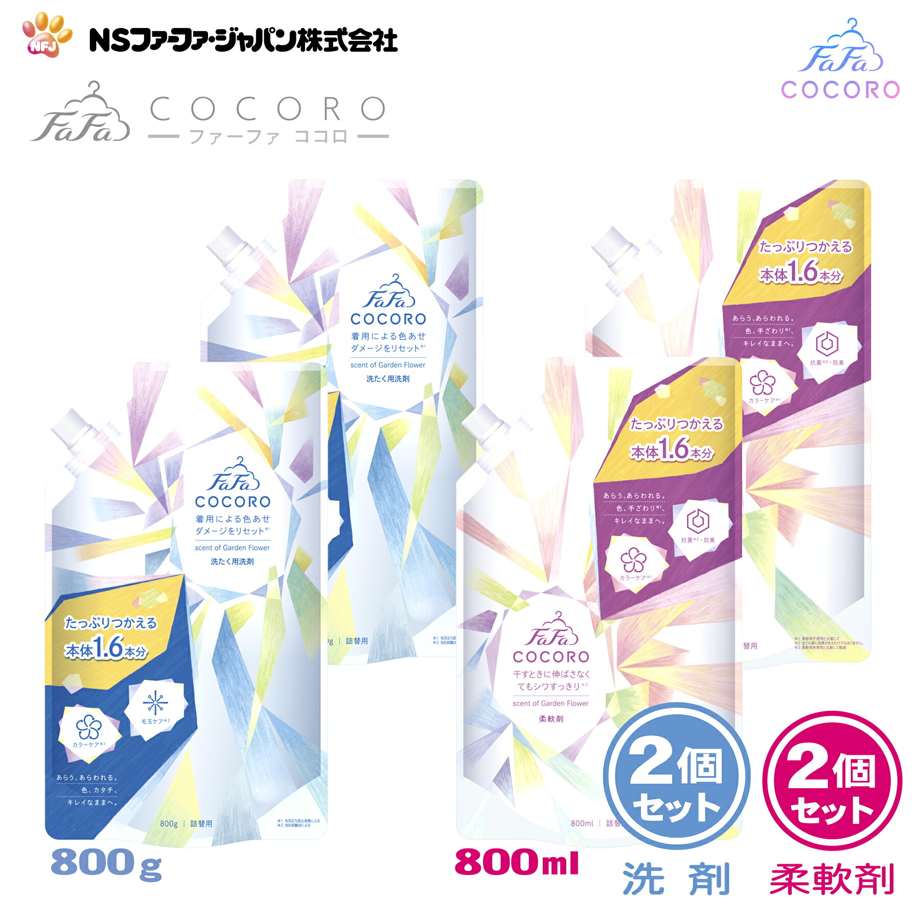 商品情報製造元NSファーファ・ジャパン株式会社品　名洗濯用合成洗剤　柔軟仕上げ剤用　途衣料品用（綿/毛/絹/合成繊維）原産国日本商品名ファーファ　ココロ洗たく用洗剤柔軟剤内容量洗たく用洗剤 ：詰替：800g×2個柔　軟　剤 ：詰替：800ml×2個成　分【洗濯用合成洗剤】洗濯用合成洗剤界面活性剤（第四級アンモニウム塩）、安定化剤、香料、抗菌剤【柔軟仕上げ剤】界面活性剤(エステル型ジアルキルアンモニウム塩）、安定化剤、シワ防止剤、色褪せ防止剤、香料、抗菌剤使用方法【洗たく用洗剤】お洗濯前に必ず確認してください。衣類の取扱い表示を確認する。※取扱い表示のない衣類は洗えません。＜×洗えないもの＞●レーヨン・キュプラの素材　●皮革・和服（型くずれ、縮むことがある）●表面加工があるもの●色落ちするもの（色落ちが心配な衣類は、原液を衣類の目立たない部分につけて5分ほどおき、変色、色落ちするものは洗わないでください。）＜〇洗えるもの＞●普段のお洗たく（タオル・肌着など）にお使いいただけます。ただし、取扱い表示のある衣類（おしゃれ着など）の場合は、取扱い表示に従ってお洗たくしてください。洗たく後は、すぐに形を整え平干しなどをおすすめします。＜デリケートな衣類を洗う場合＞●つけおき洗い：5〜15分程度衣類を動かさずに洗たく液につけておく。軽く脱水後、1回すすぐ。●手洗い：やさしく押し洗いし、軽く脱水後、1回すすぐ。●洗たく機：必ず洗たくネットに入れ、「おしゃれ着・ドライコース」等を使用して、脱水は1分以内で、1回すすぐ。【使用量の目安】洗濯物の重量水量普段のお洗濯（使用量目安）6.0kg/65L/40g5.0kg/55L/30g4.0kg/45L/25g2.0kg/30L/15g手洗いの場合4L/5g※洗剤は上記使用量の目安を参考に計量してください。※一度に洗える洗濯物量の目安は、洗濯機の大きさの約7〜8割です。※特に落ちにくい汚れには原液を少量、直接塗布してからお洗濯すると、より効果的です。※ドラム式にも使えます。※節水には『ためすすぎ』を選択。※すすぎ1回でも、柔軟剤、衣料用漂白剤(酸素系）も使えます。お洗濯前に必ず確認してください。衣類の取扱い表示を確認する。※取扱い表示のない衣類は洗えません。【柔軟剤】＜全自動洗濯機の場合＞柔軟仕上げ剤の自動投入口に本品を入れ、洗たくします。＜二槽式・手洗いの場合＞すすぎの水がきれいになったら本品を入れ、3分まわすか、ひたした後、脱水します。＜使用量の目安＞水量の目安30L/洗濯物量の目安1.5kg/使用量の目安15ml45L/3.0kg/30ml55L/4.5kg/45ml 手洗いの場合（洗濯物量0.5の場合）/5ml※香りの好みや強さの感じ方には個人差があります。使用量の目安を参考に周囲の方にもご配慮のうえ、お使いください。※製品の改良等に伴い、成分やデザイン等が変わる場合があります。ご使用の際には、製品に記載されている内容をご確認ください。使用上の注意●子供の手の届くところに置かない。●認知症の方等の誤飲を防ぐため、置き場所に注意する。●用途外に使わない。●洗濯機の自動投入口を使う場合は、洗濯機の取扱説明書に従う。●原液を直接衣類にかけない。●高温や低温、直射日光等を避けて保管する。●植物生まれの柔軟成分を使用しているため、保管条件により液の分離、固化が生じることがあります。購入後はお早めにお使いください。●やわらかい材質のため、持ち運びや保管時の破損に注意する。応急処置●目に入った時は、こすらずすぐに流水で充分に洗い流す。●飲み込んだ時は、吐かずに口をすすぎ水を飲む等の処置をする。●異常がある時は、商品を持参し医師に相談する。ファーファ ココロ 洗たく用洗剤 詰替 (800g) 2個 + 柔軟剤 詰替 (800ml) 2個 セット 【FaFa】【ファファ】【FaFa COCORO】【洗濯用】【液体洗剤】【柔軟】【柔軟仕上げ剤】【花束の香り】【生花の香り】【詰め替え】【セット品】【大容量】【あす楽】 ココロがリニューアル！詰替用は800mlになりました。心安らぐ花束の香りあらう、あらわれる。色、カタチ、キレイなままへ。やさしい花束の香りはそのままです。 ファーファココロがリニューアルしました！【洗たく用洗剤】●着用による色あせダメージをリセット着用中に発生する毛羽立ちをカットして白化現象(＝色あせ)を防止するという新しいメカニズムで色あせによる衣類のダメージをリセットします。※毛羽立ち防止効果による●衣類ケアに対応可能洗濯による衣類の型崩れ、縮み、シワ、ヨレ、色褪せ、毛玉をケアします。特に原因となる毛羽立ちをカットすることで、毛玉の発生を軽減します。※当社試験法による●汚れをリセットする洗浄力洗うたびに衣類の汚れをリセット。抗菌防臭で黒ずみやニオイもため込みません。※すべての菌に効果があるわけではありません。干す時に伸ばさなくてもシワすっきり洗剤と一緒に使うことで、買った時の見た目と着心地(＝自分らしさ)をキープ【柔軟剤】●干すときに伸ばさなくてもシワすっきり例えばドライコースで1回お洗たくをした後、干すときに衣類を伸ばさなくても、シワがすっきりする嬉しい仕上がりに。※柔軟剤不使用と比較して●洗たくによる色あせを防ぎます。ドライコースで25回繰り返しお洗たくをしても、変わらず色褪せ防止効果があることを確認。※柔軟剤不使用と比較して●抗菌※・防臭着用中の汗・皮脂によるニオイの発生をブロックします。※すべての菌に効果があるわけではありません。●心安らぐ花束の香り洗い立ての香りの印象はそのままに、リニューアル前よりも乾いた後の香りがアップ。やさしい生花の香りはそのままです。洗剤と一緒に使うことで、買った時の見た目と着心地(＝自分らしさ)をキープ 2