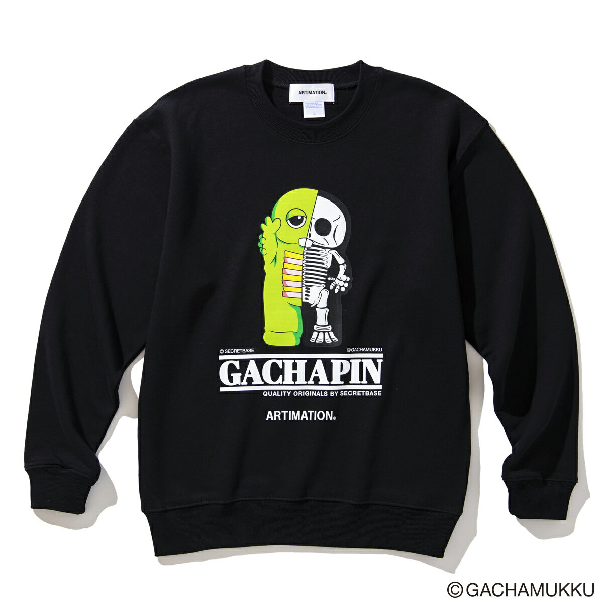 ARTIMATION＜GACHAPIN & MUKKU X ARTIMATION X SECRET BASE＞ GACHAPIN CREW SWEAT(BLACK)(＜ガチャピン&ムック×アーティメーション×シークレット ベース＞ ガチャピン クルースウェット)