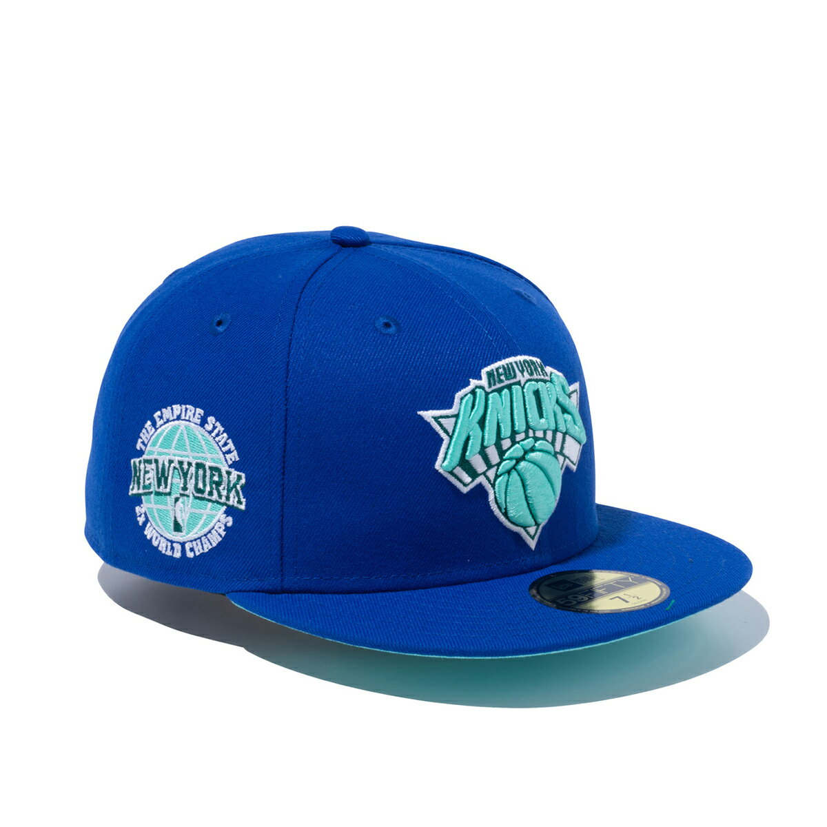 NEW ERA NBA NEW YORK KNICKS 2X WORLD CHAMPIONS SIDE PATCH 59FIFTY (青 ブルー)(ニューエラ ニューヨーク・ニックス ティールグリーンアンダーバイザー)【メンズ】【キャップ】【帽子】【22FW】【サイドパッチ】