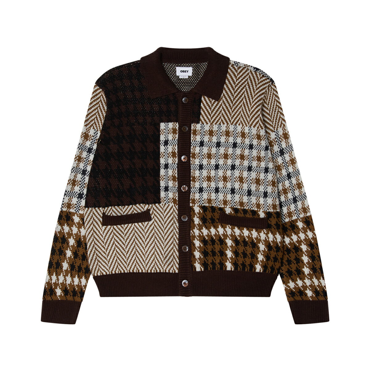 OBEY PATCHWORK CARDIGAN (BROWN MULTI) (オベイ パッチワークカーディガン)【メンズ】【トップス カー..