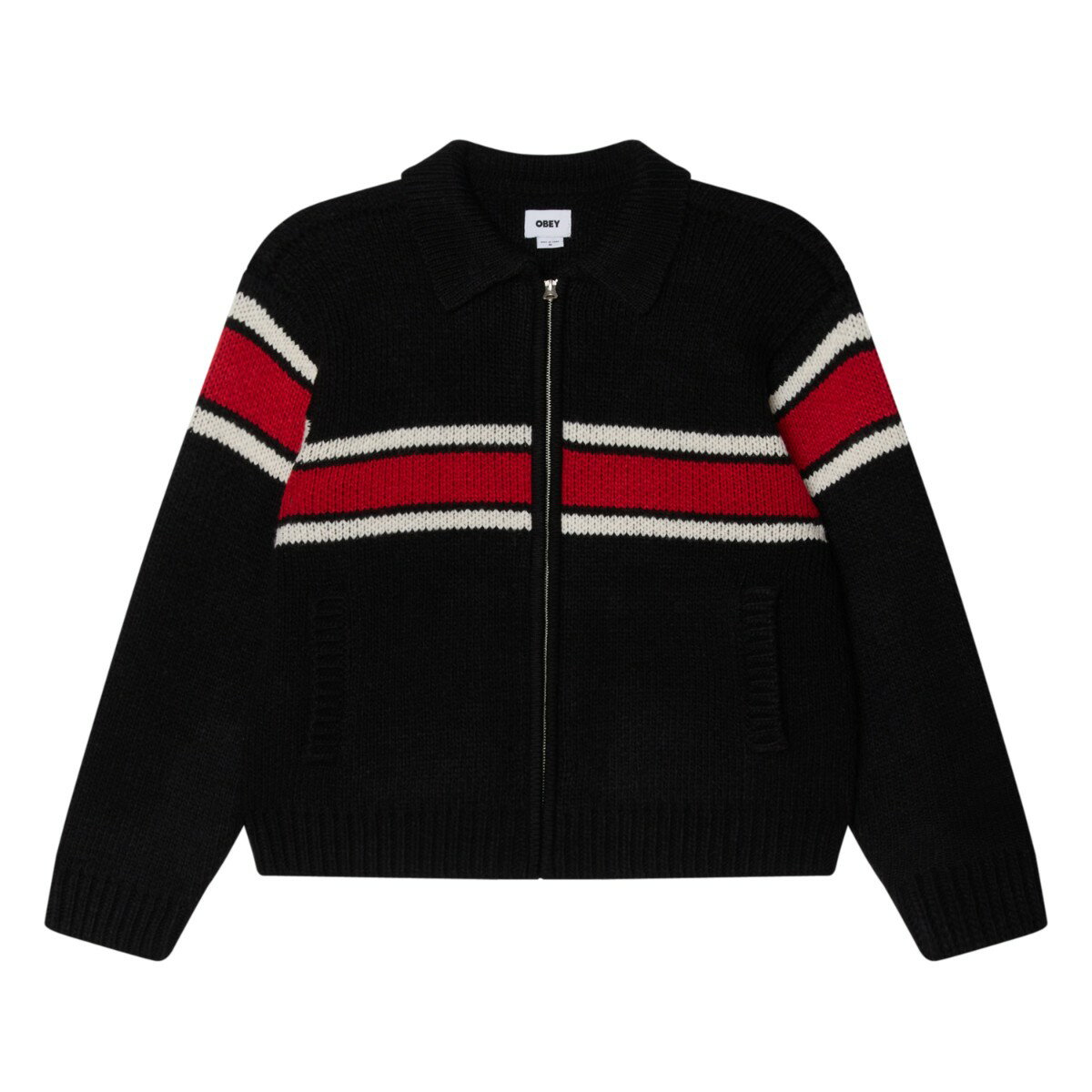 OBEY BERNARD ZIP UP SWEATER (BLACK) (オベイ バーナード ジップアップ セーター)【メンズ】【ジップアップセーター ニット リブ仕様 カジュアル ロゴ刺繍 ブラック】【25FW】