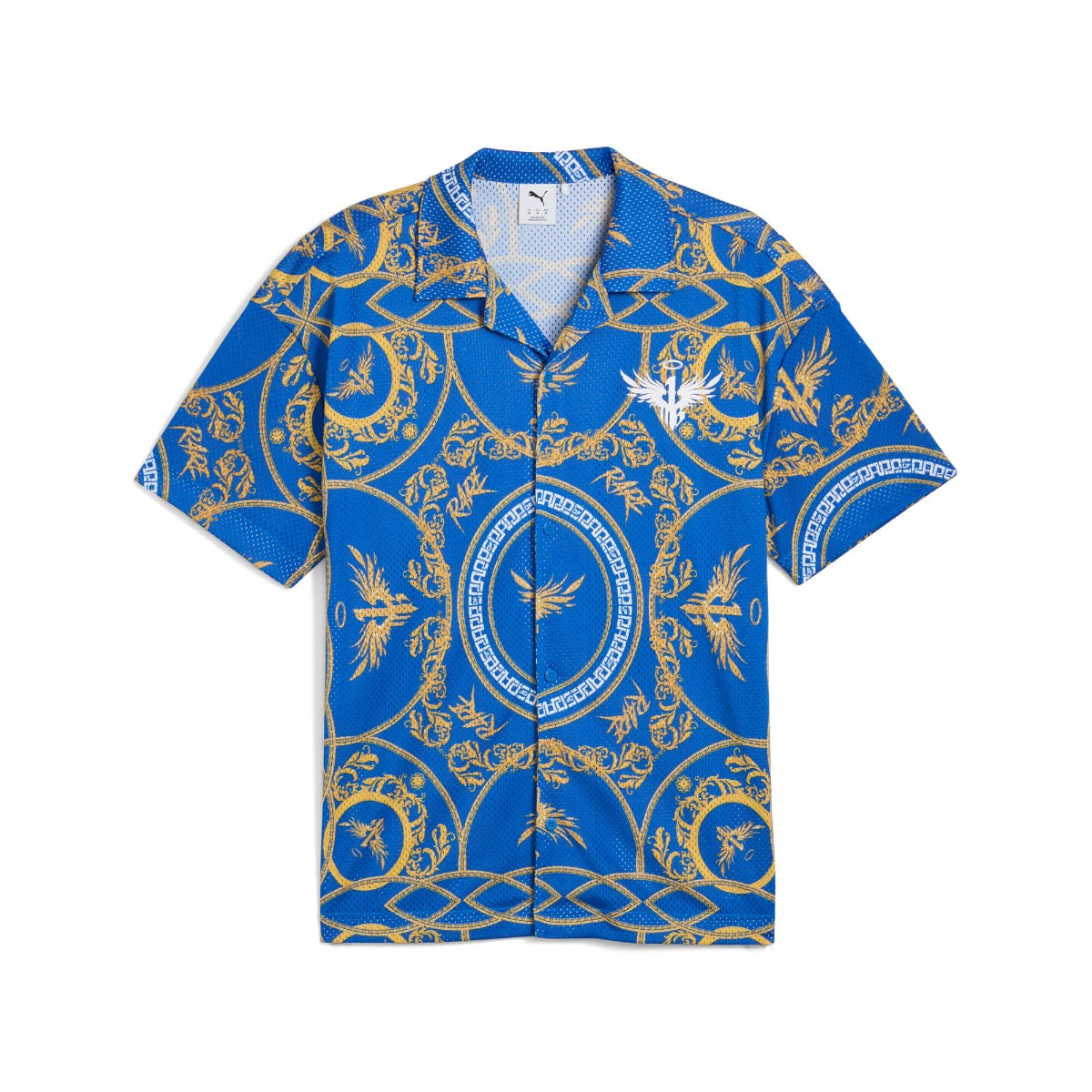 楽天Kinetics【pt15倍 27日1:59まで】PUMA MELO GOLDEN SHIRT（PUMA TEAM ROYAL-AOP）（プーマ メロ ゴールデン 半袖 シャツ）【メンズ レディース】【バスケットボール 総柄 オープンカラー】【25SS】