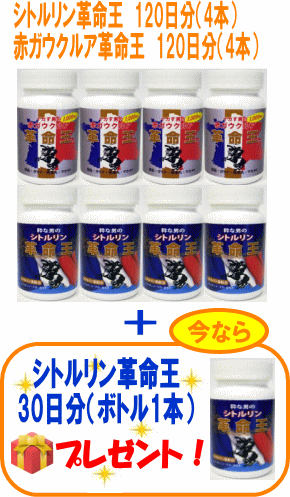 シトルリン革命王+赤ガウクルア革命王　各120日分（各4本セット）+シトルリン革命王30日分（1本）プレゼント！ 【更に！レビューを書くと！Wプレゼントに！】アルギニン ソフォン マカ 亜鉛 サプリ 送料無料【期間限定！豪華！プレゼント付き！】