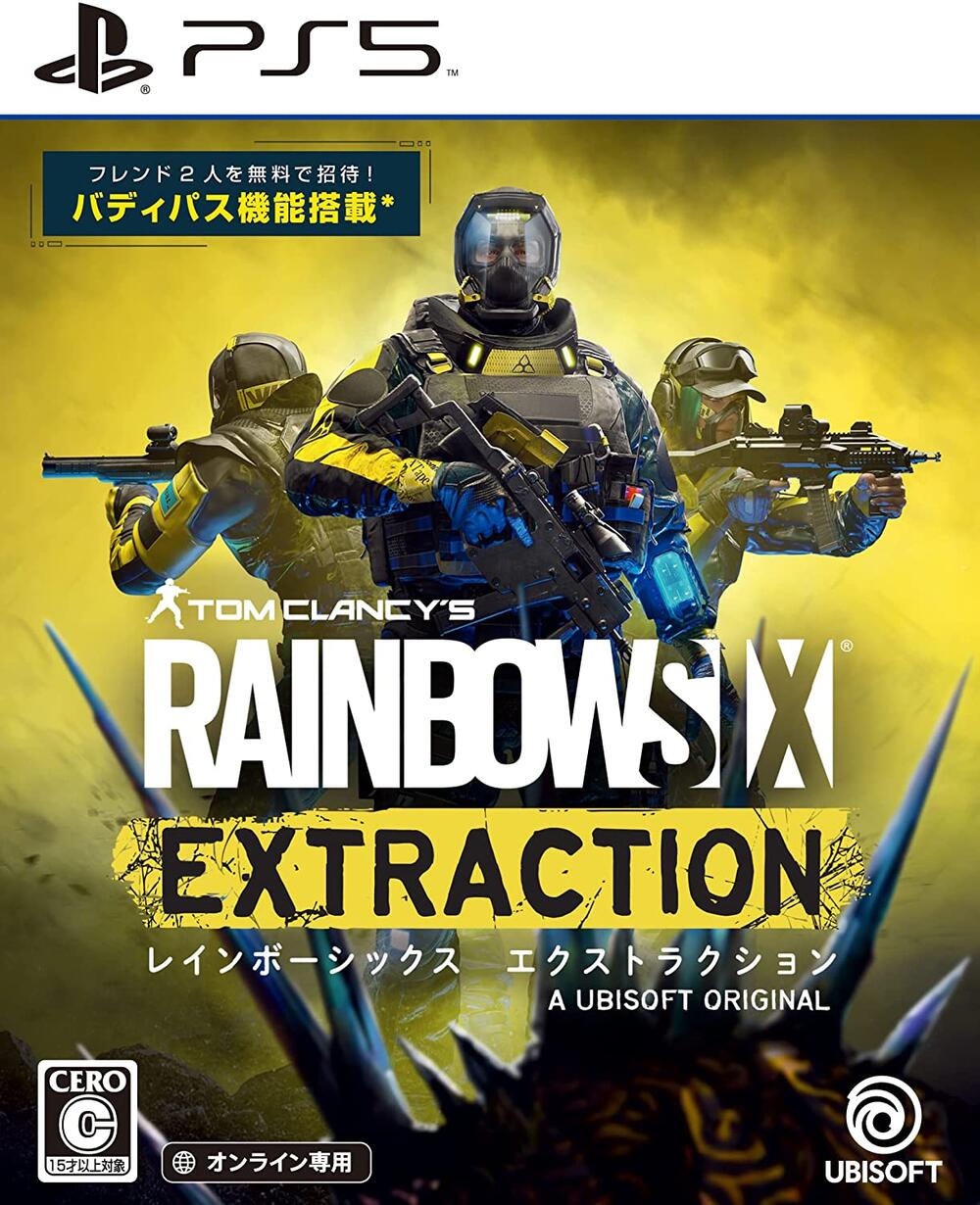 商品名 RAINBOWSIX EXTRCTION / レインボーシックス エクストラクション 発売日 2022年01月20日 種類 PlayStation5/プレイステーション5/PS5 専用ソフト メーカー UBISOFT / ユービーアイソフト プレイ人数 オンライン専用：1〜3人 対象年齢 CERO C 15才以上対象 JANコード 4949244012140 品番 ELJM30030 (C) 2021 Ubisoft Entertainment. All Rights Reserved. Tom Clancy’s， Rainbow Six， the Soldier Icon， Ubisoft， and the Ubisoft logo are registered or unregistered trademarks of Ubisoft Entertainment in the US and/or other countries.　