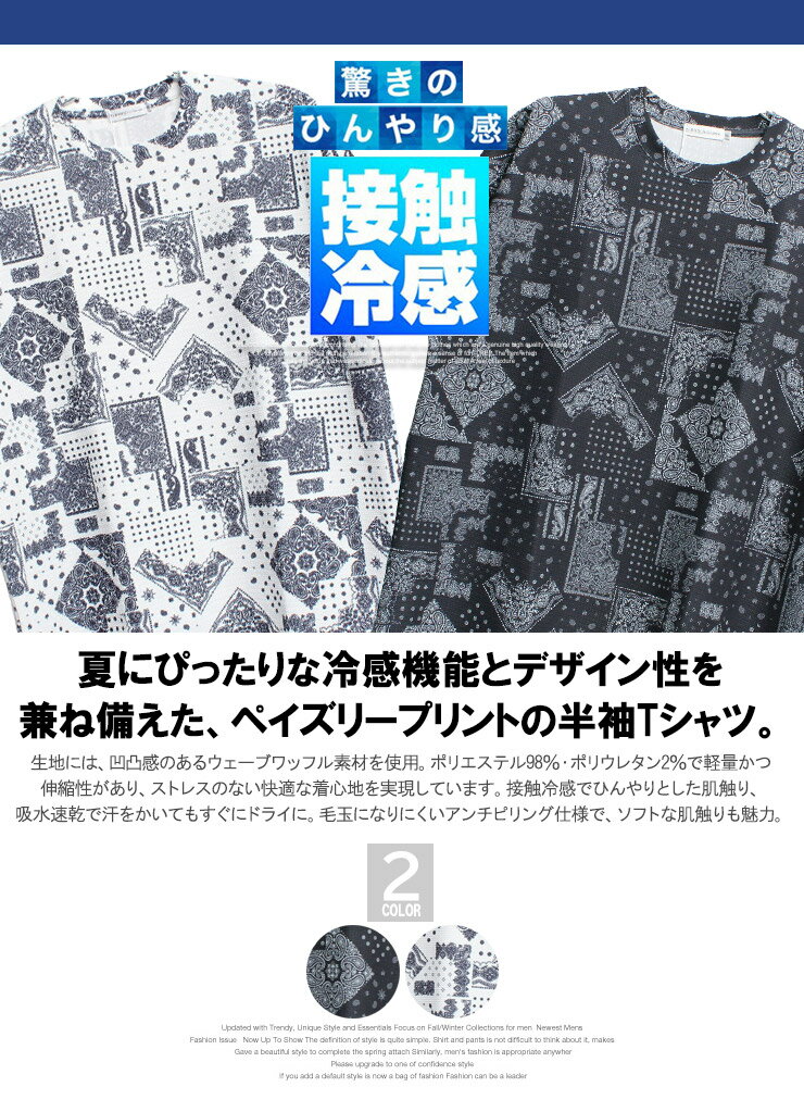 半袖 Tシャツ メンズ 大きいサイズ 接触冷感 薄手 吸水速乾 ワッフル ペイズリー柄...