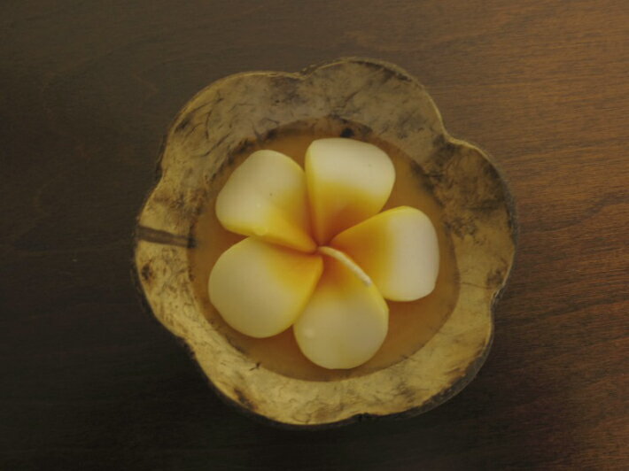 アロマキャンドルココナッツ皿付大フランジパニ　オレンジ　キャンドルベース/ キャンドルホルダー/ キャンドルスタンド/ キャンドル立て/ キャンドル用品 /インテリア/ おしゃれ/ デザイン /木製/ 小物雑貨/癒し/インテリア/エスニック/おしゃれ/タイ雑貨