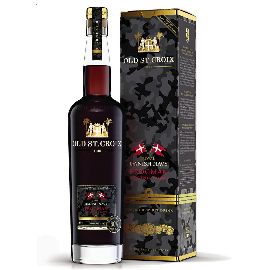 OLD ST. CROIX / ROYAL DANISH NAVY Navy Frogman オールド セント クロイ デンマーク王立海軍 / ネイビー フロッグマン ラム しっかりとした飲みごたえ 力強さ、深み、そして個性が際立つ、英雄たちにふさわしい1本 デンマーク海軍が誇る精鋭部隊、水中特殊部隊「フロッグマン」へのオマージュとして誕生したラムは、力強さ、深み、そして個性を兼ね備えたブレンド。 卓越したスキル、そして豊富な知識と経験を持ち、いまや水陸関係なく大活躍のフロッグマンたちの創設60周年を記念し、アルコール度数60%で瓶詰めされた力強いラムは、複雑な味わいを際立たせつつ、上品なアクセントとして控えめに表現された甘みが特徴。 蒸溜前にゆっくりと発酵させ、厳選されたオーク樽で熟成させることで、豊かでバランスの取れた、コクのある味わいに仕上がっています。 【テイスティングノート】 香り 力強いアルコール度数にも関わらず、比較的軽やかな香りで、オレンジピールの香りとトーストのニュアンスを感じる、バルサミコグレーズとモカが魅力的なハーモニーを奏でる。 味わい 口に含むと、心地よく調和された力強いアルコール感、そしてバルサミコグレーズとモカの香りに加え、パイナップルとココナッツのトロピカルな風味が広がる。 フィニッシュ クリーミーで、ダークチョコレートとモカのニュアンスを感じる余韻。 商品情報 カラー / ゴールデンレッド 原材料 / 水、サトウキビ、糖蜜 アルコール度数 / 60% 容量 / 700ml（箱入り） 原産国 / デンマークOLD ST. CROIX / ROYAL DANISH NAVY Navy Frogman デンマーク王立海軍の精鋭部隊「フロッグマン」に捧げる、 アルコール度数60%の力強いラム。 60% ABV ― 力強さと深みを楽しむプレミアムラム フロッグマン創設60周年を記念して生まれた「Navy Frogman」。 ゆっくりと発酵させた原酒を厳選されたオーク樽で熟成。 60%という力強いアルコール度数を持ちながら、複雑でバランスの取れた味わいを楽しめます。 オレンジピール、トースト、バルサミコグレーズ、モカから、パイナップルやココナッツまで。 力強さの中に広がる豊かな風味と、クリーミーなダークチョコレート＆モカの余韻が特徴です。 こんな方におすすめ ・アルコール度数の高い、飲みごたえのあるラムがお好きな方 ・複雑で深みのあるラムをじっくり楽しみたい方 ・デンマークや北欧のスピリッツに興味のある方 ・個性的でストーリー性のあるボトルをお探しの方 ・ラム好きの方への特別なギフトをお探しの方 商品情報 カラー / ゴールデンレッド 原材料 / 水、サトウキビ、糖蜜 アルコール度数 / 60% 容量 / 700ml（箱入り） 原産国 / デンマーク