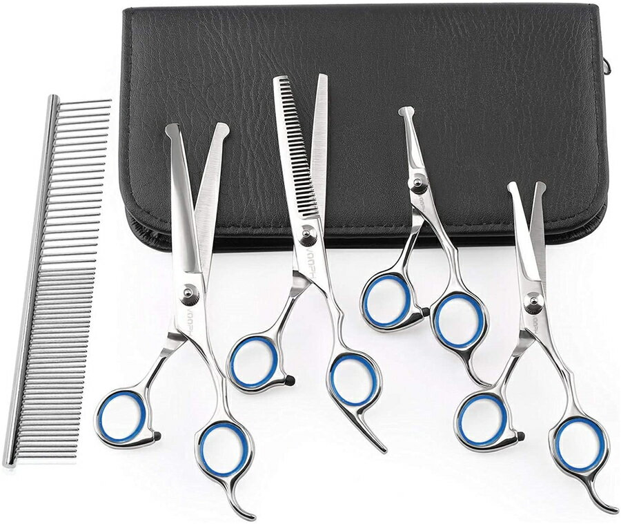 トリミング シザー ペット用美容ハサミ 5点セット 丸い先端 櫛 セニング 犬 猫 毛 切る セニングシザー 犬ハサミ 散髪 理容 トリミング ヘアカット スキ...