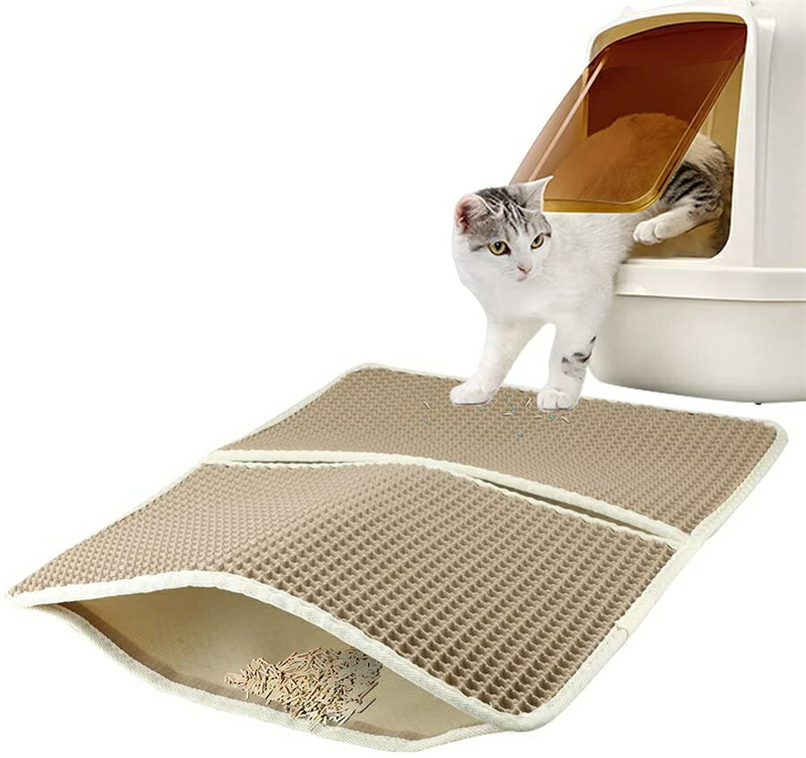 商品説明 改良版猫トイレマット：適切のサイズ、ほとんどの猫トイレに適用で、実際に基づいて猫トイレをマットの後ろや上にどちらに置いても構いません。マットの後ろの側に付着される膠は、床に強固に付着し、滑り止めの役割をします。猫砂マットはで、猫の足を痛めないように表層は安全で無公害なEVA材質で作られ、軽くて耐久性があり、柔らかくて快適です。優れた耐久性ため、爪を磨いでも跡が残らない。底は気泡構造の防水オックスフォード布なので、水分吸収が早くてカビや嫌なニオイを抑制します。おしっこが床に染み込むのを防ぎ、室内を乾燥・清潔に保ちます。 安全無毒、色々場合適用：快適な猫砂取りマットは、上層は非常に柔らかく、軽量で、耐久性があり、環境に優しいEVA素材で作られて、底層は某寸オックスフォード製です。敏感な猫の足に優しく安全です、猫を踏み入れたり、昼寝をしたりするのも好きです。多機能ペットマットとして、レインブーツパッド、キャットフードパッド、ドッグフードパッド、水漏れパッドに使用できます，花や植物を育てる。 隠蔵式二重構造、防水、掃除簡単：防水底層は床を乾燥状態に保ち、滑り止め機能を持っています。湿気を吸収し、カビの発生や臭気の拡散を抑制する独立気泡構造を採用しています。下層は防水で、うっかり猫砂マットに水をこぼしてしまっても、簡単に乾かすことができます。砂が落ちると、凹凸の表面につかまれ、あちこちにならないように清潔な室内環境を保ち続けます。同時、穴の大きさが均一で、猫ちゃんの足が引っかかりません。二層構造は、中間層に落ちたゴミを更にロックし、バラバラしている猫砂を集めて、猫トイレの掃除も簡単にできます。 猫砂集めるのに便利、リサイクル可能：こぼれた砂は無駄なく使用できます。猫の砂はマットの内部に集められ、開口部から流出し、繰り返し使用することができます。この猫用トイレパッドは高品質の素材でできており、耐摩耗性があり、長寿命です。ごみや猫砂などの顆粒を効果的に捕らえてトラップします。揃えった猫砂はまた簡単に猫トイレに戻して二度利用できます。 お手入れ簡単、品質保証：猫砂マットは、水で直接洗うことができ、オープンなデザインなので、洗うときに水が溜まりにくく、すぐに乾燥させることができます、従来の猫砂マットと比較してもっと時間と労力を節約します。軽く振ってまたは水で洗って、マットを掃除し、最後に乾燥します、簡単に再利用できます。 仕様 カラー：ブラック、ベージュ -素材：高品質なEVA素材 -サイズ：約長さ60 cm x幅45 cm -重量：約0.4KG -対象：全ての猫トイレの下 ●返品について この製品の保証期間はお買い上げ日より180日間となりますが、付属品が足りない、故障または損傷などの不良品に対して、無償交換や無償ヘンキンを承っております。お手数ですが、商品到着後、一週間以内にお電話又はメールにてご連絡下さい。返品商品の到着を確認後、3〜5営業日以内に良品を発送させていただきます。