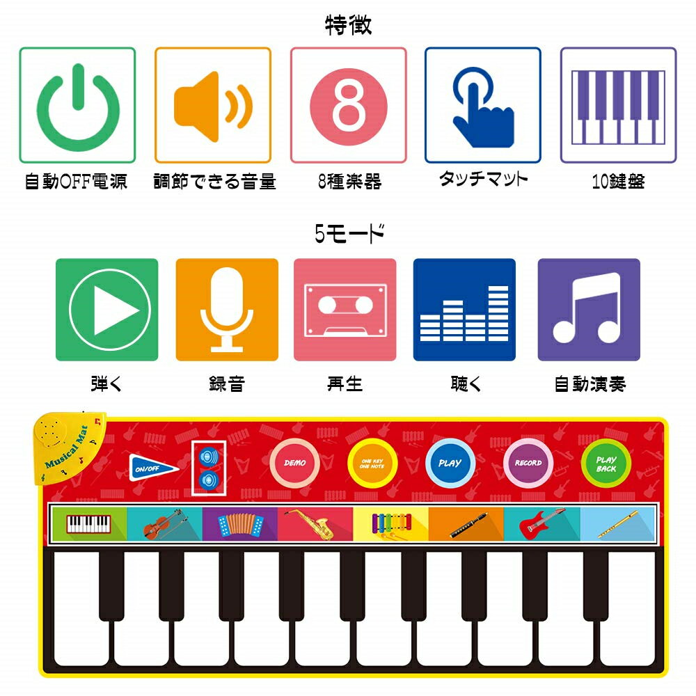 ピアノ おもちゃ こども 知育玩具 音楽マット 10鍵盤 8種楽器 弾く 聴く 録音 再生 多機能 音量調節 148*60cm 大きいサイズ 誕生日プレゼント クリスマスプレゼント【海外通販】 2