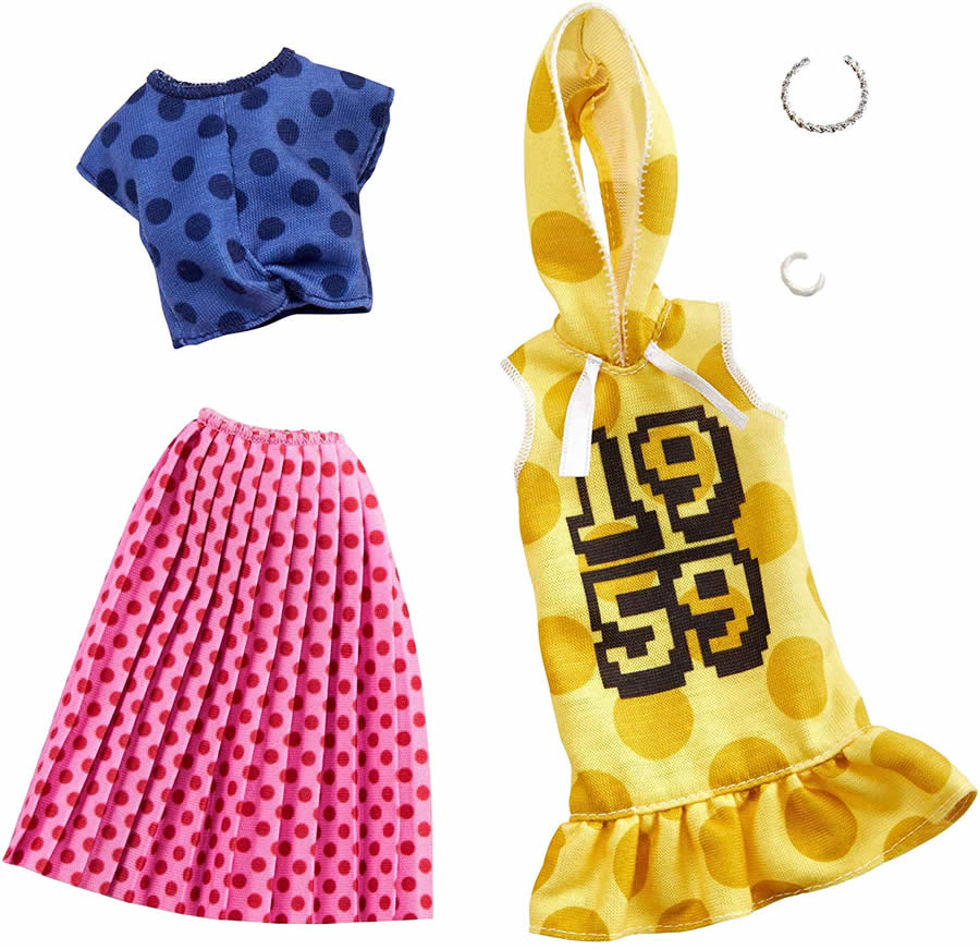 ݥ2ܡۥСӡ եåѥå 2奻å (ադԡ&ξ岼)  ꡼ Ф ȥåץ  (Barbie Clothes: 2 Outfits Doll Feature Polka Dots On A Yellow Hoodie Dress, A Blue Top and Pink Skirt/ MATTEL/GHX60)