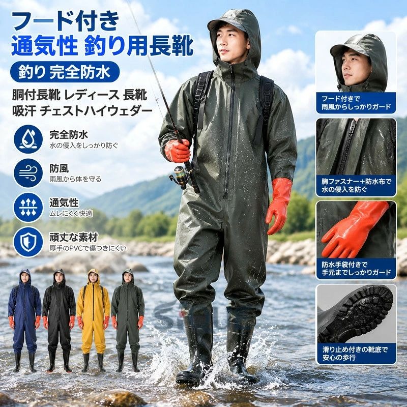 ・首元まで防水してくれるウェーディング用スーツです。 ・ほぼ全身を水の浸入から守ってくれますよ。 ・このウェーダーはつなぎのように全身を覆うので動きやすく、上半身が水はねで濡れることもありません。 ・フード付きで全身をすっぽり覆ってくれる防水着なので、雨天の作業でも雨風からあなたの体をしっかりガード。 ・レインコートのように豪雨ではだけることもないので、台風などの緊急時の救護作業でも威力を発揮します。 ・素材は厚手のPVCで傷つきにくく、水の侵入はもちろん外気からも肌をしっかり守ります。 ・胸ファスナーも水の侵入を防ぐ仕様で、さらにその下にも防水布を装備。 ・靴底も滑り止めの着いた弾力素材なので履き心地もGood。 ・全体を立体成型しているので動きやすさもバッチリです。 ・漁業や農業、工事現場など様々なシーンで活躍してくれる防水着です。 サイズ 36(23cm) 37(23.5cm) 38(24cm) 39(24.5cm) 40(25cm) 41(25.5cm) 42(26cm) 43(26.5cm) 44(27cm) 45(27.5cm) 46(28cm) 47(28.5cm) サイズについての説明 サイズ:写真通り※画像の商品は光の照射や角度により、実物と色味が異なる場合がございます。また表示のサイズ感と実物は若干異なる場合もございますので、予めご了承ください。※サイズ感につきましては体型により異なりますので、予めご了承ください。※サイズ詳細等の測り方はスタッフ間で統一、徹底はしておりますが、実寸は商品によって若干の誤差がある場合がございますので、予めご了承ください。 素材 PVC ニット生地 色 75デニールブルー袖口タイプ 75デニールブルー手袋タイプ 75デニールブラック袖口タイプ 75デニールブラック手袋タイプ 80デニールイエロー袖口タイプ 80デニールイエロー手袋タイプ 80デニールグリーン袖口タイプ 80デニールグリーン手袋タイプ 備考 サイズ詳細等の測り方はスタッフ間で統一、徹底はしておりますが、実寸は商品によって若干の誤差(1cm〜3cm )がある場合がございますので、予めご了承ください。 商品の色は、撮影時の光や、お客様のモニターの色具合などにより、実際の商品と異なる場合がございます。あらかじめ、ご了承ください。 ▼ 色味の強い製品によっては他の衣類などに色移りする場合もございますので、速やかに(脱水、乾燥等)するようにお願いいたします。 ▼ ▼ 生地の特性上、やや匂いが強く感じられるものもございます。数日のご使用や陰干しなどで気になる匂いはほとんど感じられなくなります。フード付き 通気性 釣り用長靴 釣り メンズファッション 特集 75デニールブルー袖口タイプ 75デニールブルー手袋タイプ 75デニールブラック袖口タイプ 75デニールブラック手袋タイプ 80デニールイエロー袖口タイプ 80デニールイエロー手袋タイプ 80デニールグリーン袖口タイプ 80デニールグリーン手袋タイプ 36(23cm) 37(23.5cm) 38(24cm) 39(24.5cm) 40(25cm) 41(25.5cm) 42(26cm) 43(26.5cm) 44(27cm) 45(27.5cm) 46(28cm) 47(28.5cm) 【原産国／製造国: 中国】 .フード付き 通気性 釣り用長靴 釣り 完全防水 胴付長靴 レディース 長靴 吸汗 チェストハイウェダー ウェーダー 長袖 水産業 全身防水。防水ウェーダー、釣りウェア、川釣り、海釣り、渓流釣り、漁業、農作業、水産作業、アウトドア、レインウェア、雨具、胴長、作業着、レディース、通気、吸汗、防寒、人気、おすすめ、ランキング、セール検索におすすめです。。 指定された配送時間は承っておりません。【りれーしょん23楽天市場店】